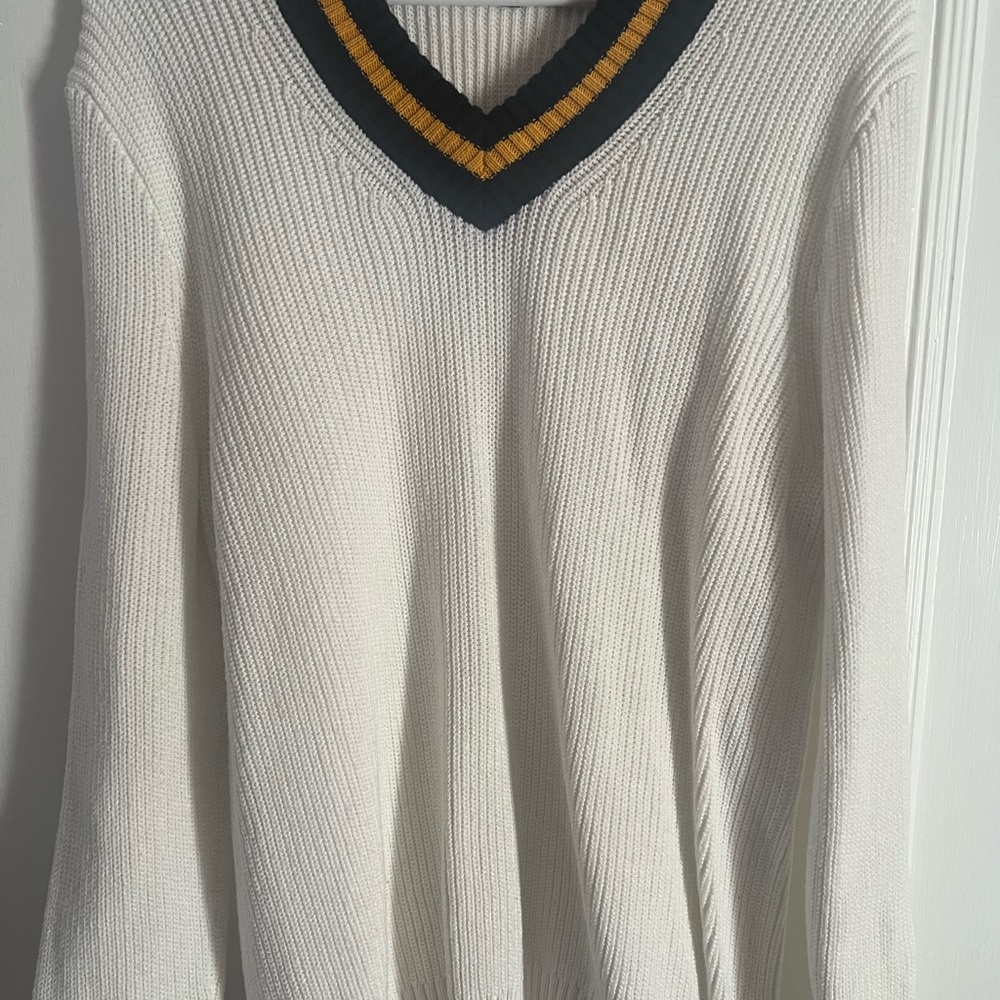 Express White V-Neck Sweater with Blue and Gold Trim